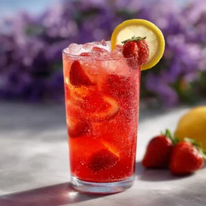 Hibiscus Strawberry Lemonade: A Refreshing Summer Drink 4 A glass of homemade strawberry hibiscus drink filled with ice and garnished with a fresh lemon slice, highlighting its refreshing quality.