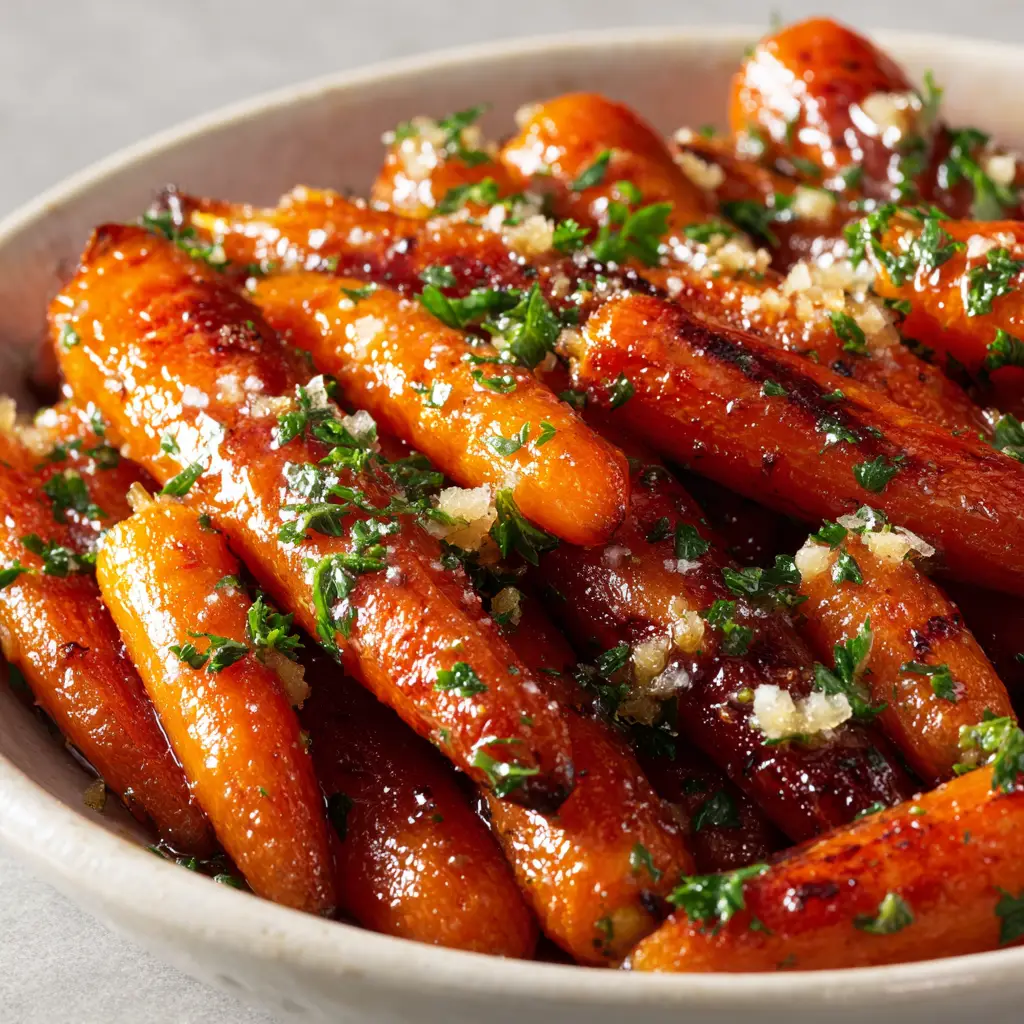 Honey Garlic Roasted Carrots (Perfectly Caramelized!) 1 A bunch of glazed baby carrots being tossed in a bowl with honey garlic sauce. The image shows the preparation process for this simple side dish.