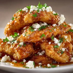 Hot Honey Feta Chicken: The Viral Dish Made Easy 4 A close-up shot of golden-brown Hot Honey Feta Chicken fresh out of the oven in a baking dish, with melted feta and herbs.