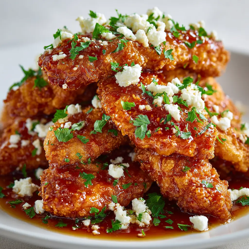 Hot Honey Feta Chicken: The Viral Dish Made Easy 1 A plated serving of Hot Honey Feta Chicken next to a fork, showing the juicy chicken and creamy feta sauce.