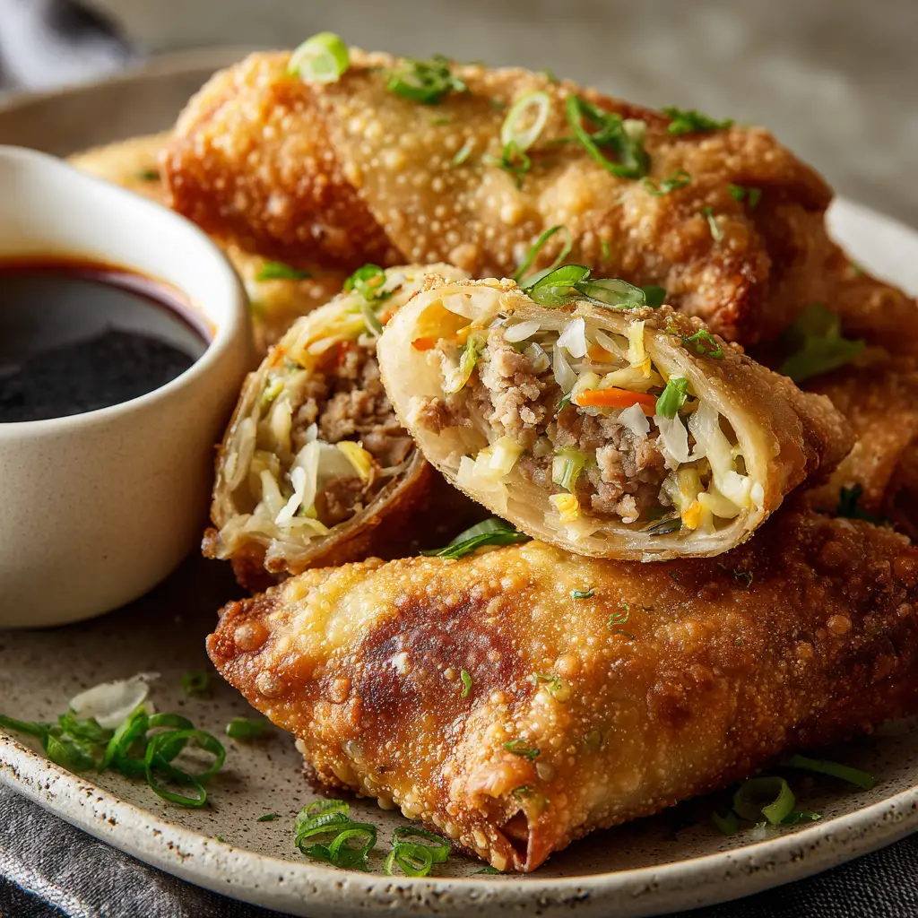 Homemade Egg Rolls Recipe (3 Ways!) 1 The process of filling and rolling an egg roll on a wooden board, showing the pork and vegetable filling.