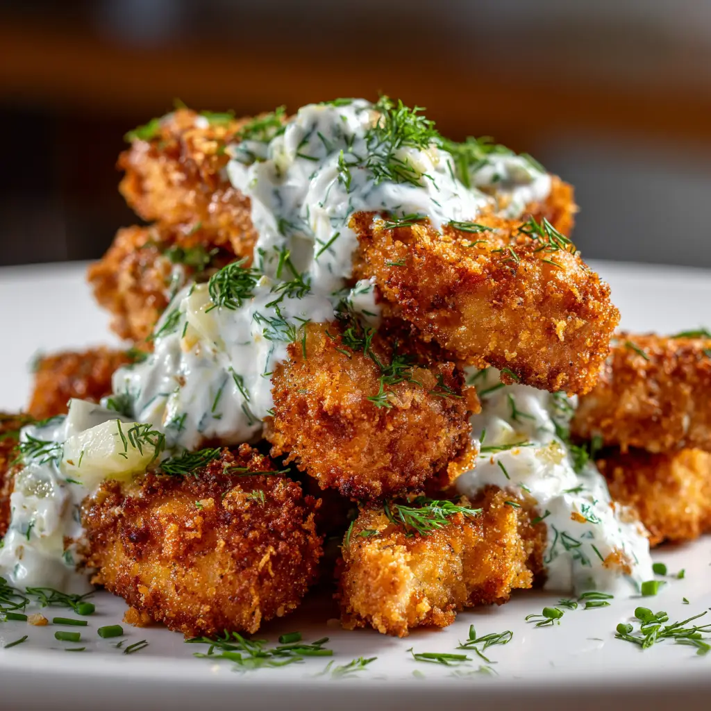 Dill Pickle Chicken (Crispy, Juicy & Tangy!) 1 A sliced piece of juicy dill pickle marinated chicken showing the moist interior, with a side of creamy dill dipping sauce.
