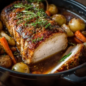 Dutch Oven Pork Loin: The Ultimate Guide to a Juicy Roast 3 An extreme close-up of a slice of juicy pork loin roast, showing the tender texture and the herb crust. The background is rustic and warm, highlighting the home-cooked appeal.