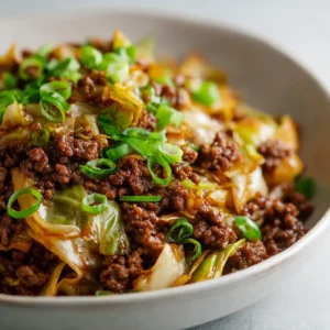 Low-Carb Mongolian Ground Beef (Ready in 20 Minutes!) 4 A close-up shot of keto Mongolian ground beef in a skillet, showing the rich, thick sauce and pieces of fresh ginger and garlic.