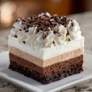 Triple Chocolate Mousse Cake: A Decadent Layered Dessert 4 A photorealistic close-up of a perfect square slice of triple chocolate mousse cake, with clearly defined layers and a glossy ganache topping.