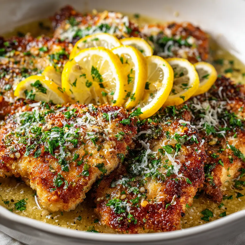 Lemon Chicken Romano: Crispy, Juicy, and Easy 1 A finished plate of Lemon Chicken Romano garnished with fresh parsley and a lemon slice on the side.