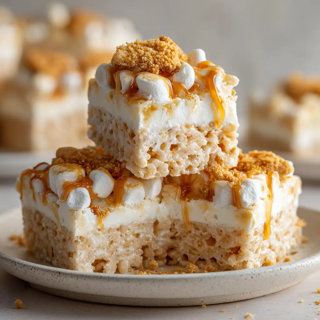 Banana Pudding Rice Krispie Treats: The Ultimate No-Bake Dessert 1 An overhead view of Banana Pudding Rice Krispie Treats in a baking pan, freshly topped with melted white chocolate and vanilla wafer crumbs before setting.