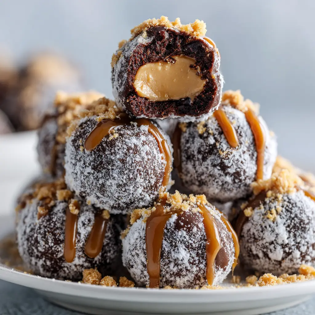 A process shot showing the creamy peanut butter balls being dipped into a bowl of melted semi-sweet chocolate.