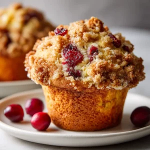 An extreme close-up of a moist cranberry orange muffin, showcasing the tender crumb and bright red cranberries inside.