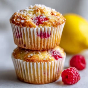 The Best Lemon Raspberry Muffins (Bakery-Style) 4 A close up image of a single moist lemon raspberry muffin split in half, revealing the juicy raspberries baked inside the fluffy crumb.