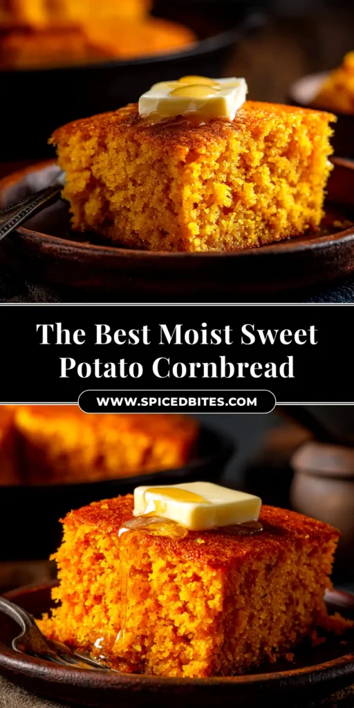 Sweet Potato Cornbread: The Ultimate Moist & Easy Recipe 3 A thick, golden-brown slice of moist sweet potato cornbread served on a plate. The perfect easy and flavorful side dish.
