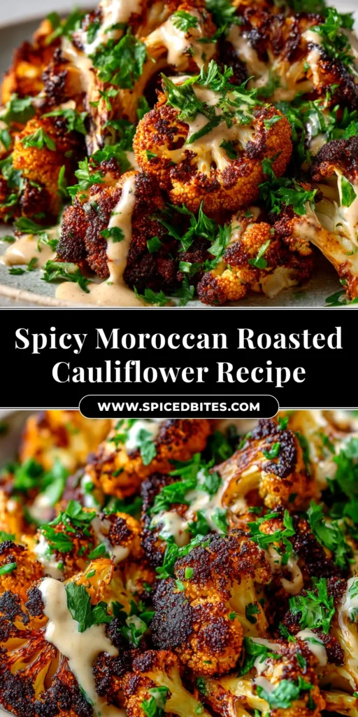Moroccan Cauliflower: A Flavorful Roasted Recipe 3 A shareable pin image for a Moroccan Cauliflower recipe, showing roasted cauliflower in a bowl with text overlay.