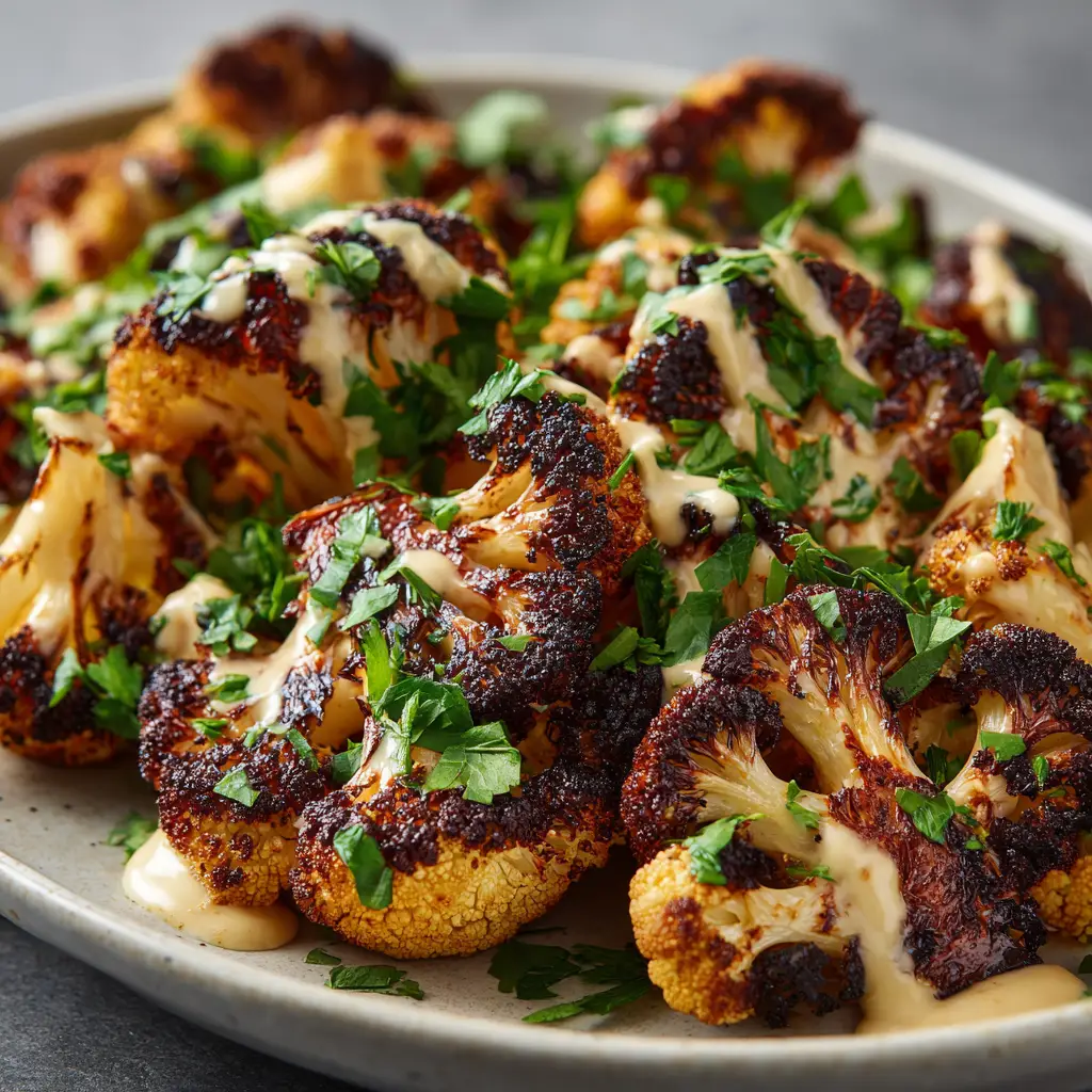 Moroccan Cauliflower: A Flavorful Roasted Recipe 1 A serving bowl filled with freshly roasted Moroccan Cauliflower, garnished with fresh herbs and a lemon wedge.