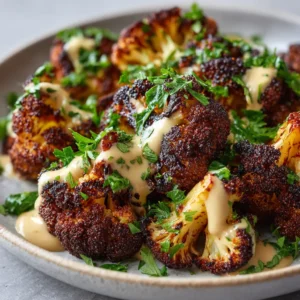 Moroccan Cauliflower: A Flavorful Roasted Recipe 4 An extreme closeup shot of Moroccan spiced roasted cauliflower, highlighting the caramelized edges and vibrant seasoning.