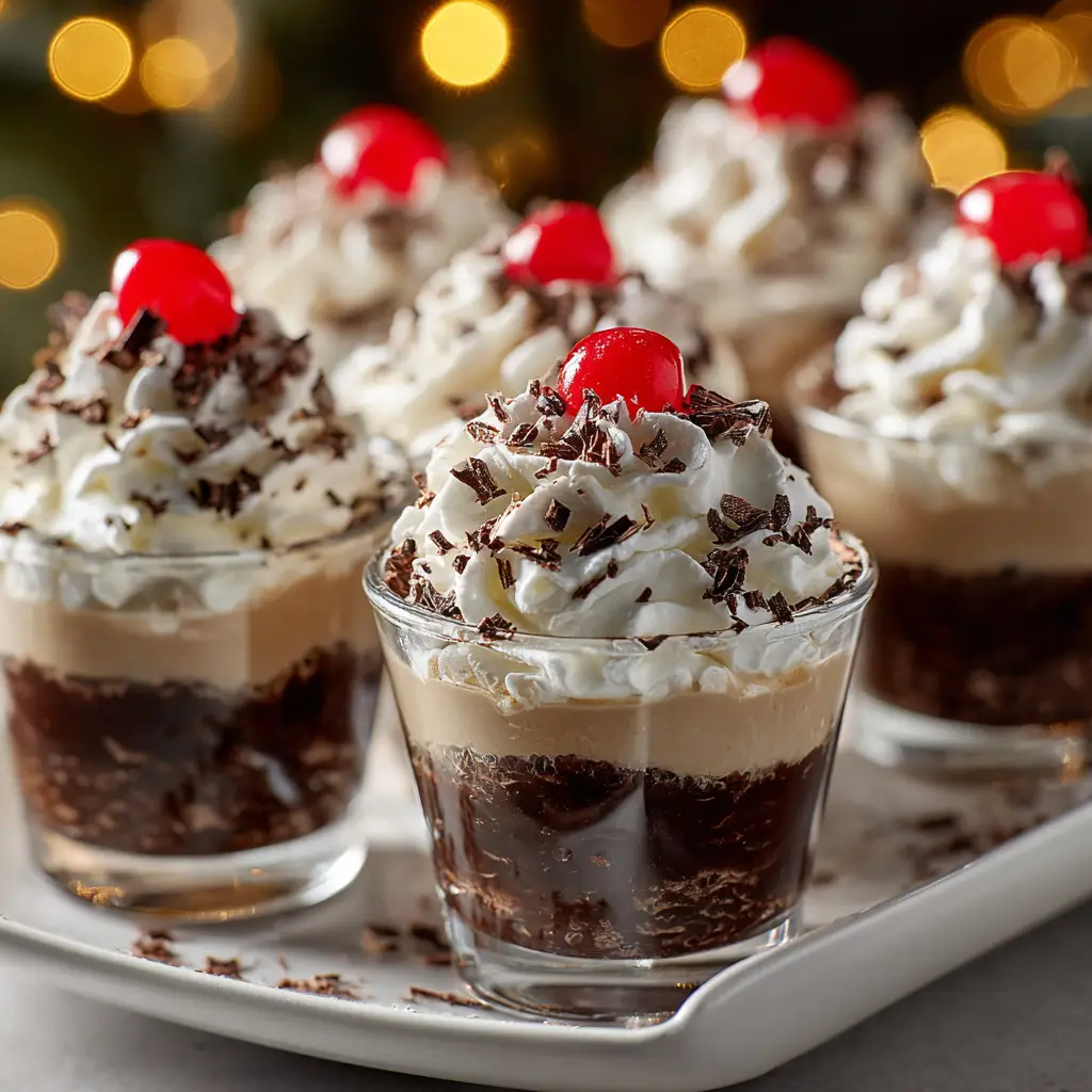 A collection of no-bake boozy pudding shots with Baileys, garnished and ready for a celebration. A simple and elegant adult dessert idea.