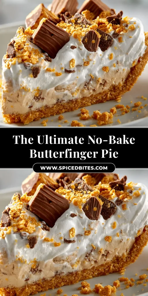 No-Bake Butterfinger Pie Recipe (Creamy & Easy!) 3 A top-down view of a whole No-Bake Butterfinger Pie in a pie dish, topped with crunchy candy pieces.