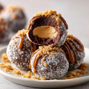 A close-up shot of a stack of no-bake chocolate peanut butter snowballs, showing the rich texture of the chocolate coating and creamy peanut butter filling.