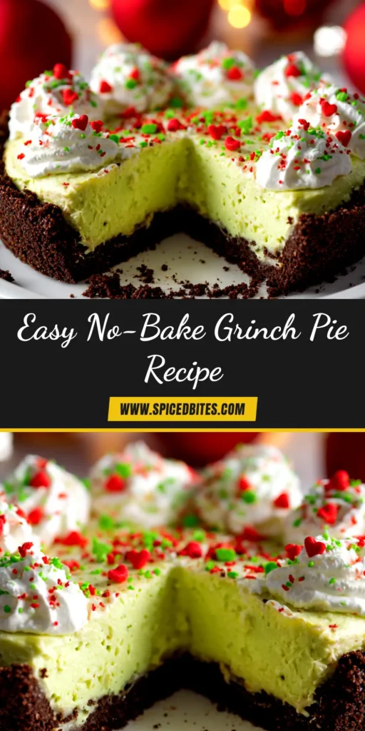 No Bake Grinch Pie (The Easiest Festive Treat!) 3 A slice of no bake Grinch pie on a white plate. The pie has a bright green filling, a dark Oreo crust, and is topped with a red heart sprinkle, perfect for a festive holiday dessert.