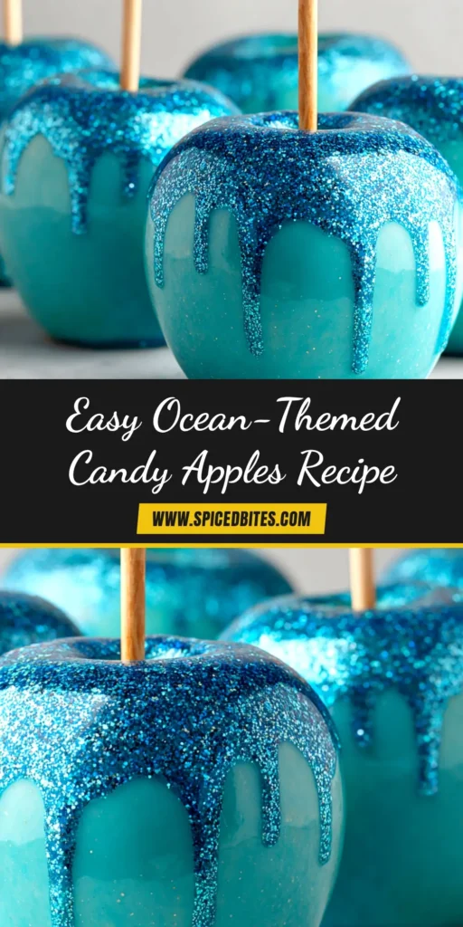 Ocean Candy Apples (The Ultimate Guide) 3 A stunning hero shot of several glossy Ocean Candy Apples, showing their vibrant blue color and hard candy shell, arranged for a party.