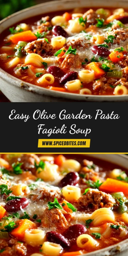 Olive Garden Pasta e Fagioli Soup (Easy Copycat Recipe) 4 A large white bowl filled with Olive Garden Pasta e Fagioli Soup, garnished with parmesan cheese. A spoon rests in the bowl, ready to eat this copycat recipe.