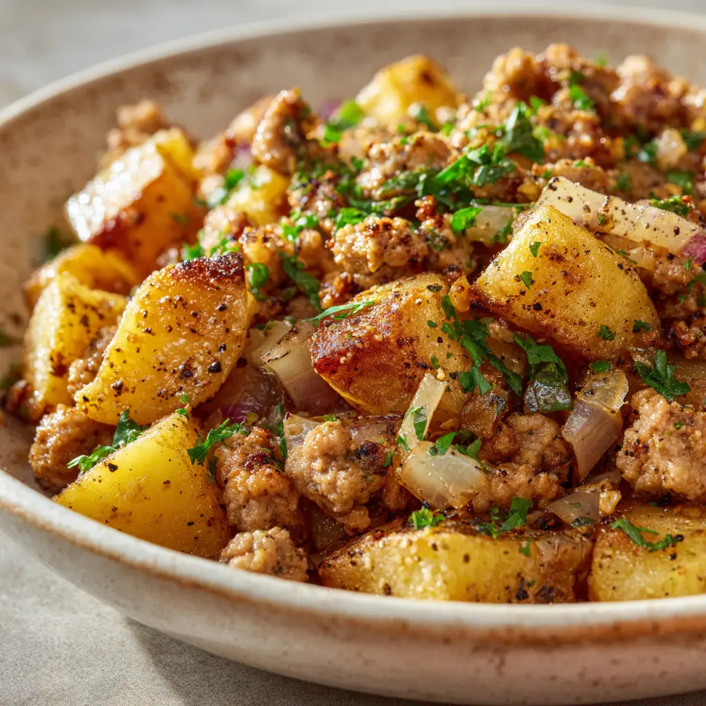 Ground Turkey and Potato Recipes: 25-Minute Skillet Dinner 1 A serving of the one-pan ground turkey and potato recipe on a plate, ready to eat, garnished with fresh parsley.