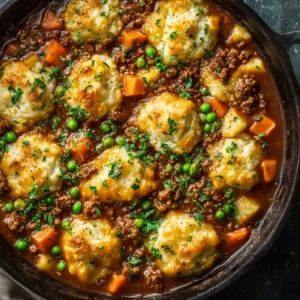 Ground Beef and Dumplings: A Cozy, One-Pot Comfort Meal 3 An overhead shot of a Dutch oven filled with homemade ground beef and dumplings, showing the savory beef stew and fluffy dumplings.