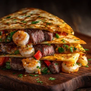 Creole Steak and Shrimp Quesadillas: The Ultimate Recipe 4 A close-up shot of a golden-brown quesadilla being pan-fried to crispy perfection, showing the cheesy filling.