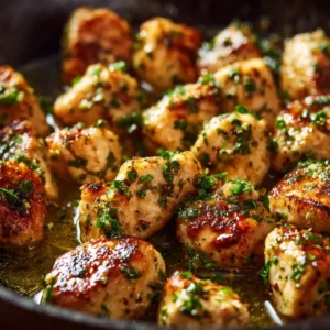 Garlic Herbed Chicken Bites (Quick & Juicy Recipe!) 4 Extreme close-up of juicy, pan-seared chicken bites with visible garlic and herbs.