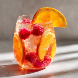 Peach Moscato Sangria: The Ultimate Refreshing Sip 4 A large glass pitcher filled with Peach Moscato Sangria, showcasing slices of fresh peaches and citrus fruits.