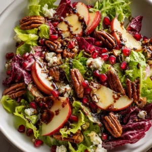 Pomegranate Pecan Salad with a Zesty Vinaigrette 4 A close-up overhead view of the Pomegranate Pecan Salad ingredients, showcasing the fresh arugula, spinach, pomegranate arils, and pecans before being tossed.