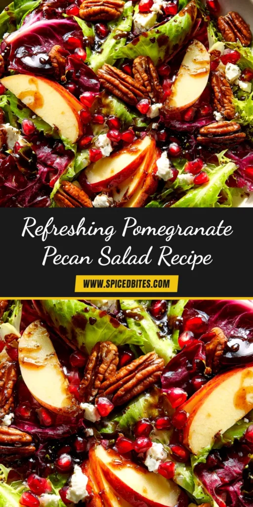 Pomegranate Pecan Salad with a Zesty Vinaigrette 3 An overhead shot of a vibrant Pomegranate Pecan Salad in a white bowl, featuring mixed greens, ruby-red pomegranate seeds, candied pecans, and crumbled goat cheese.