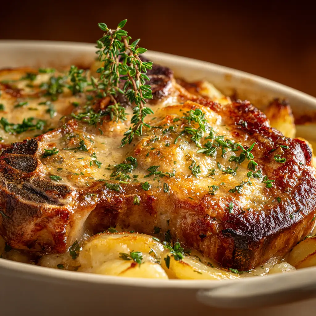 Smothered Pork Chop and Scalloped Potato Casserole 1 A single serving of the pork chop and scalloped potato bake on a white plate, showcasing the tender meat and cheesy potatoes.