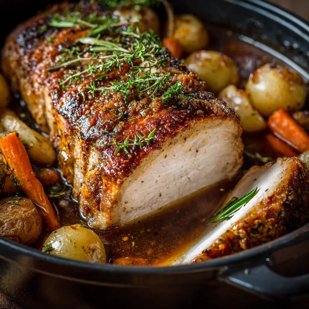Dutch Oven Pork Loin: The Ultimate Guide to a Juicy Roast 1 The seared Dutch Oven Pork Loin resting on a bed of aromatic vegetables inside the cast iron pot before going into the oven. This shows a key step in how to cook pork loin.