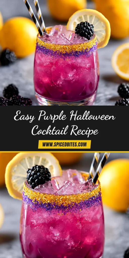 Purple People Eater Cocktail: A Spooky & Sweet Drink 3 A tall glass filled with a vibrant Purple People Eater Cocktail, garnished with a spooky eyeball made from lychee and blueberry for Halloween.