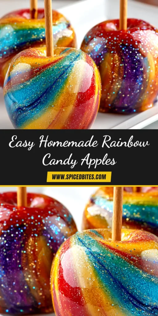 Rainbow Candy Apples: A Fun & Easy Recipe 3 Homemade Rainbow Candy Apples with a glossy hard candy shell. A fun and colorful dessert recipe perfect for parties and celebrations.
