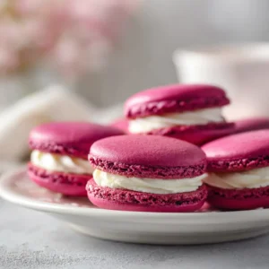 Raspberry Macaron Recipe (That's Actually Easy!) 4 A close-up shot of several magenta-colored French macarons with raspberry filling, illustrating a perfect chewy texture.