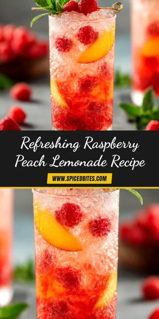 Raspberry Peach Lemonade: The Ultimate Thirst Quencher 3 A tall glass of vibrant pink raspberry peach lemonade filled with ice and garnished with a lemon slice and fresh raspberries.