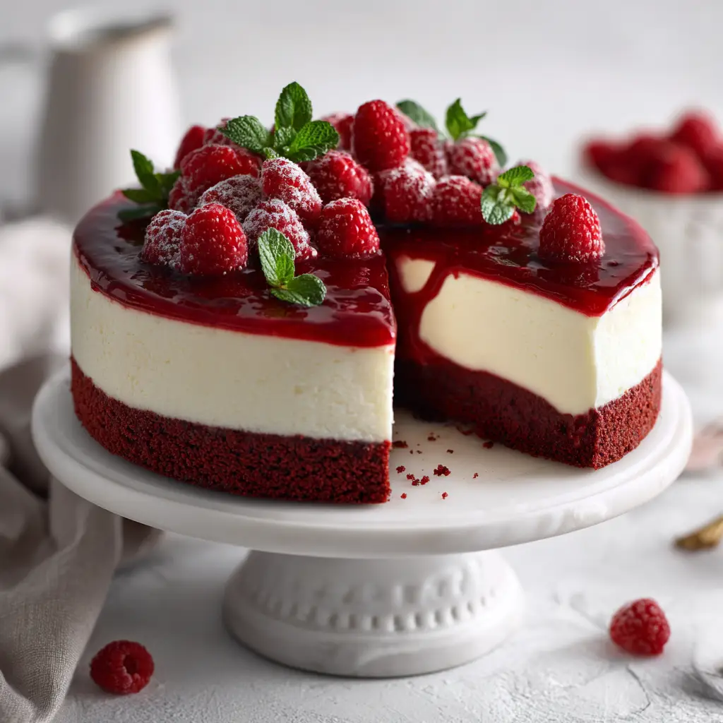 Red Velvet Cheesecake Recipe (The Ultimate Guide) 1 A close-up overhead view of the red velvet cheesecake, showing the rich red color and creamy texture of the filling. An enticing image for our best red velvet cheesecake recipe.