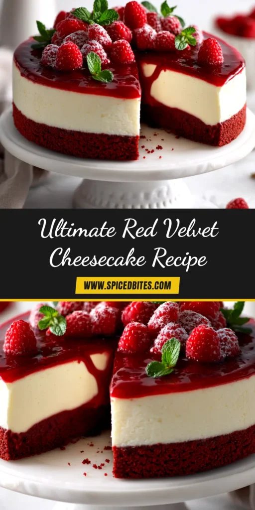 Red Velvet Cheesecake Recipe (The Ultimate Guide) 4 A perfect slice of red velvet cheesecake on a white plate. This red velvet cheesecake recipe features a vibrant red filling, a dark Oreo crust, and a piped cream cheese frosting topping.