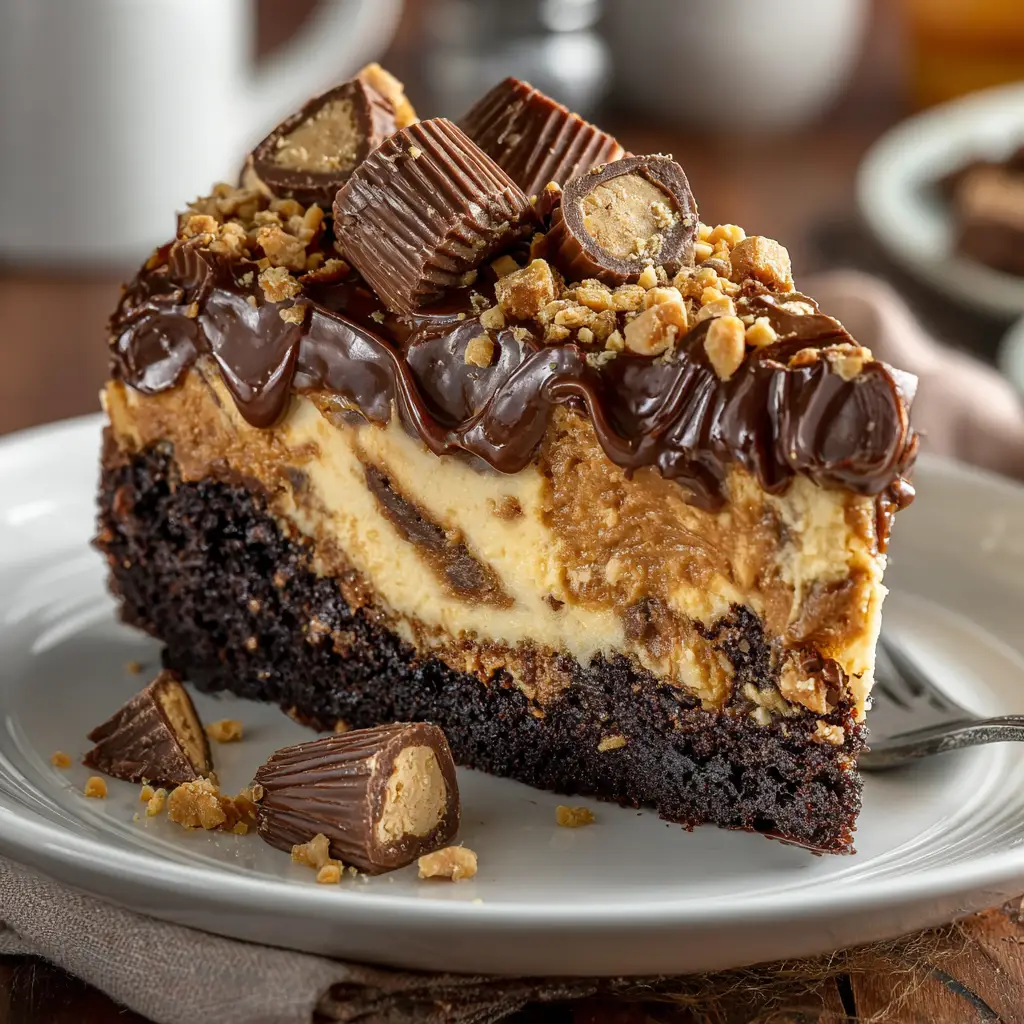 Reese's Peanut Butter Earthquake Cake: The Ultimate Indulgent Dessert 1 A close-up overhead shot of the earthquake cake, showcasing the cracked chocolate top and creamy peanut butter filling.