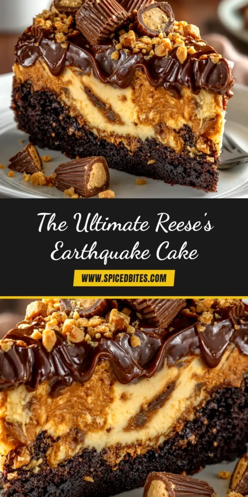Reese's Peanut Butter Earthquake Cake: The Ultimate Indulgent Dessert 3 A slice of Reese's Peanut Butter Earthquake Cake on a white plate, showing the rich chocolate cake and gooey peanut butter filling, topped with chopped Reese's cups.