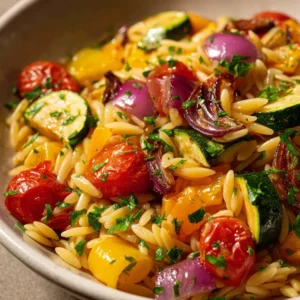 Roasted Vegetable Orzo: A Simple & Flavorful Weeknight Meal 4 A close-up shot of the roasted vegetable orzo salad in a serving spoon, highlighting the texture of the orzo and the caramelized vegetables.