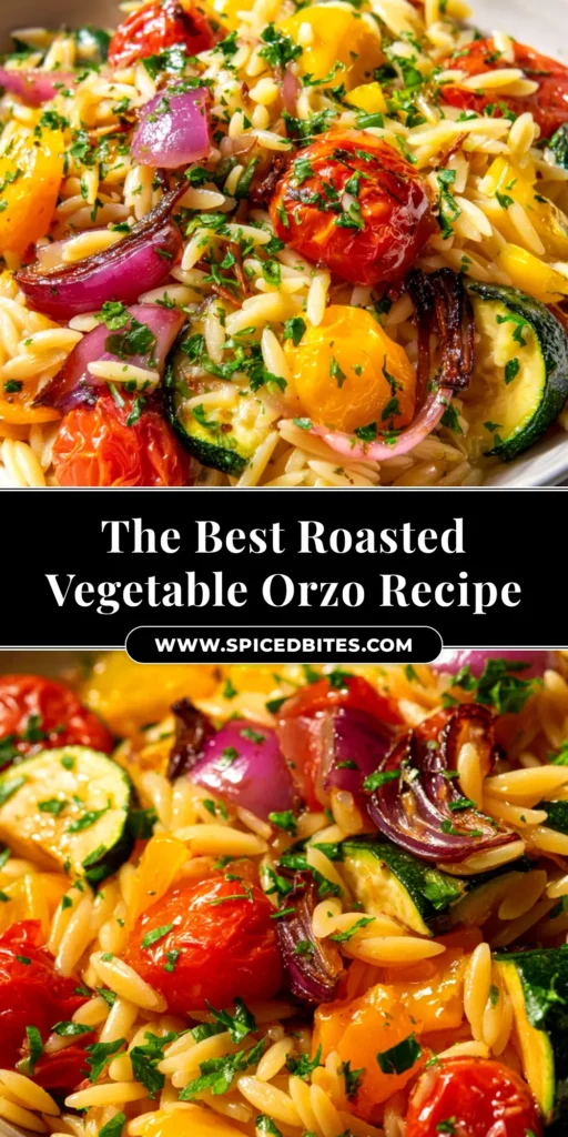Roasted Vegetable Orzo: A Simple & Flavorful Weeknight Meal 3 A large white bowl filled with roasted vegetable orzo, garnished with fresh parsley and crumbled feta cheese. The colorful vegetables are mixed throughout the pasta.
