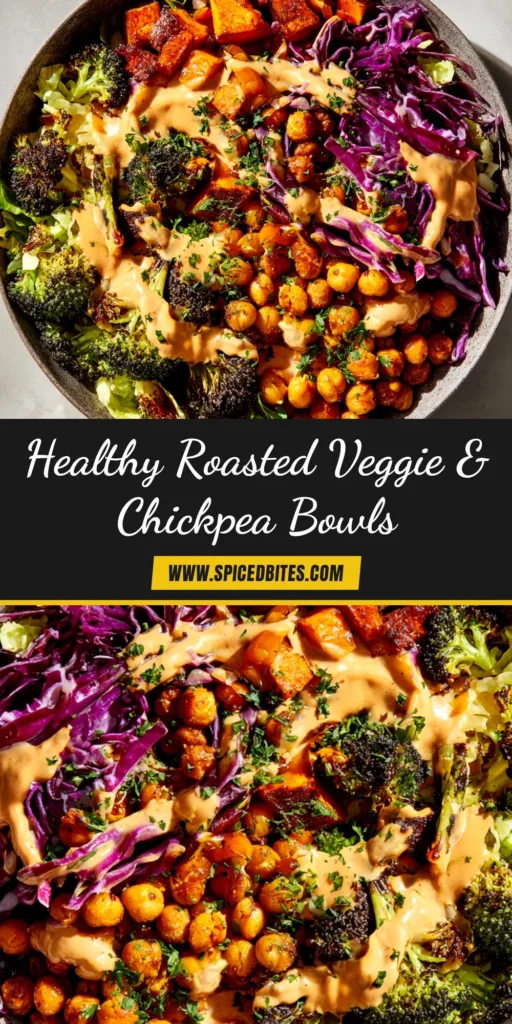 A beautiful overhead shot of Roasted Veggie Chickpea Bowls, showcasing colorful roasted vegetables and a creamy tahini dressing in a white bowl.