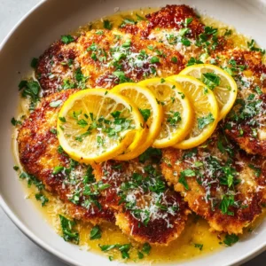 Lemon Chicken Romano: Crispy, Juicy, and Easy 4 A close-up shot of a golden-brown Romano crusted chicken cutlet in a skillet, showcasing its crispy texture.