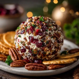 A close-up view of a rustic Cranberry Pecan Cheese Ball, showing the creamy texture of the cheese mixed with sharp cheddar and green onions before being coated.