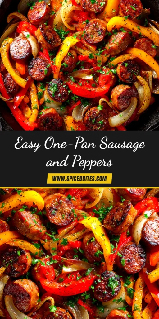 Sausage and Peppers Recipe (The Ultimate Skillet Guide) 3 A colorful skillet filled with a classic sausage and peppers recipe, showing cooked Italian sausage links, red and green bell peppers, and onions in a rich tomato sauce.