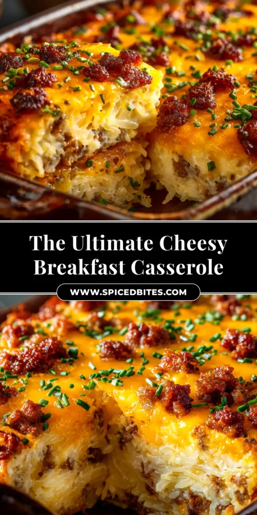 A delicious slice of sausage hashbrown breakfast casserole on a white plate, showing layers of egg, cheese, and sausage.