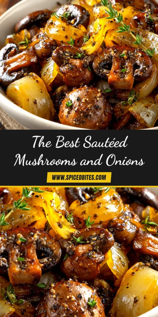 A skillet filled with perfectly browned Sautéed Mushrooms and Onions, garnished with fresh parsley. The perfect savory topping for steak or chicken.