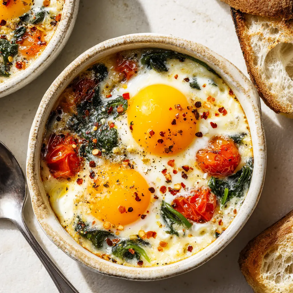 Baked Feta Eggs: The Viral Breakfast You'll Make on Repeat 1 A detailed shot of the savory baked eggs nestled in the melted feta and tomato sauce, garnished with fresh herbs. The egg whites are set and the yolk is vibrant.